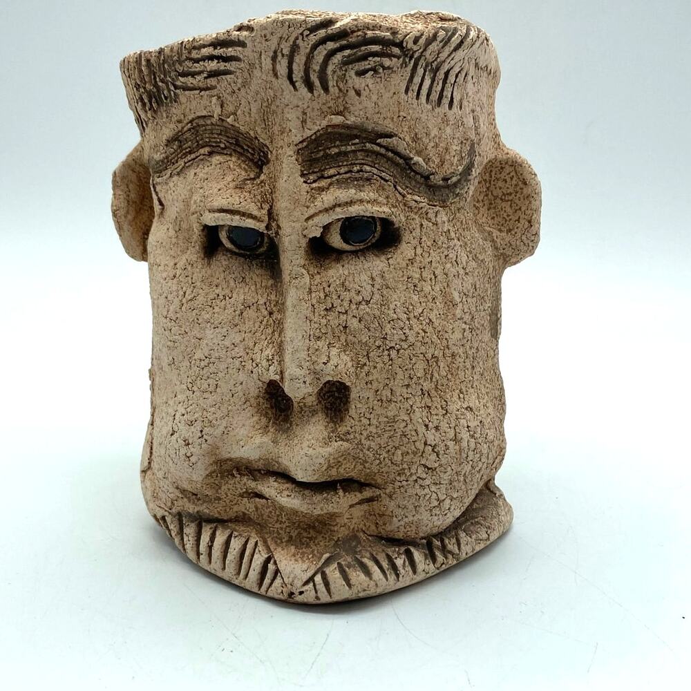Vintage Studio Pottery Jar Holder Man face Handmade Dad Gift Wall pocket signed - Picture 9 of 9